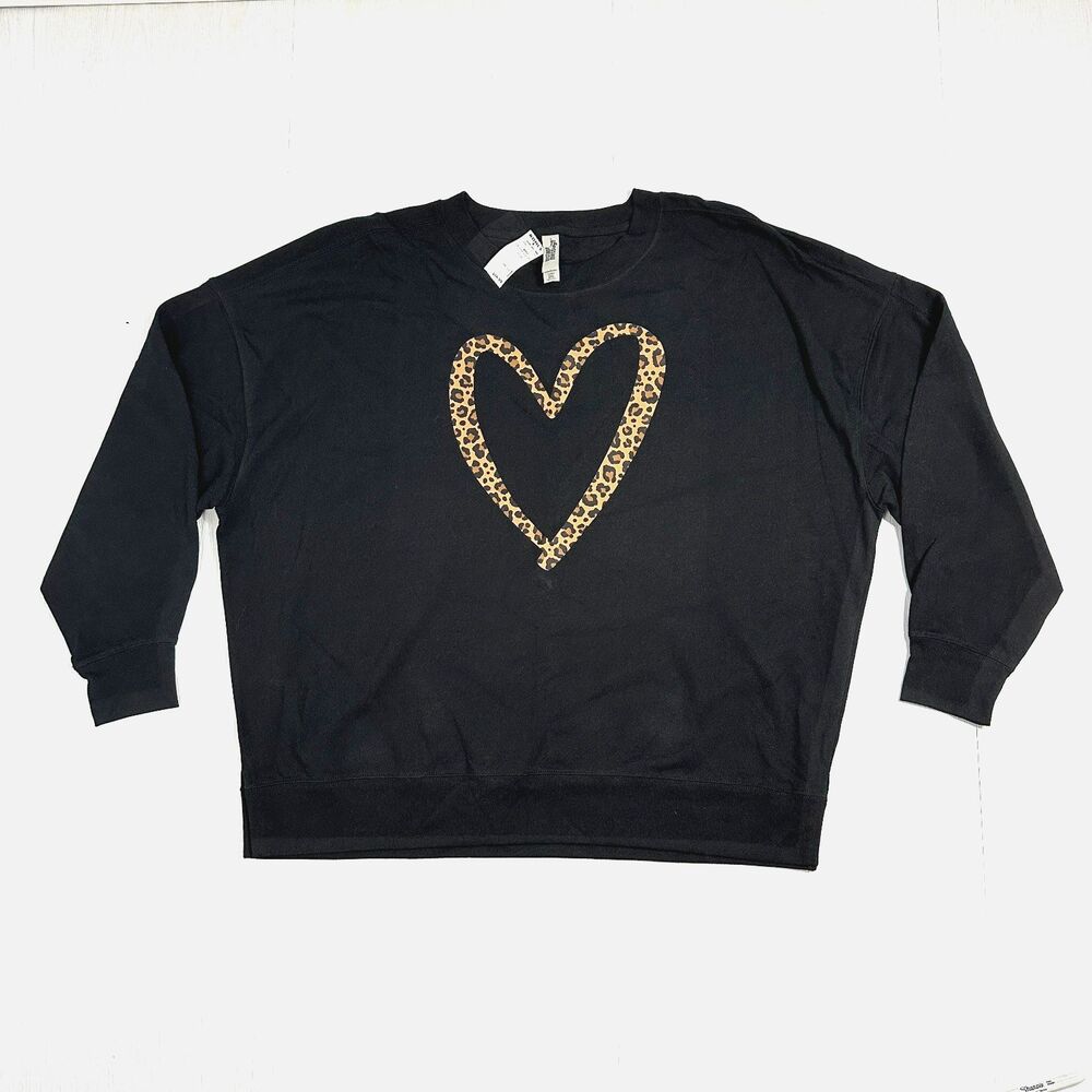 Instant Message Sweatshirt Womens 2XL Black Leopard Heart Graphic Fleece NWT
